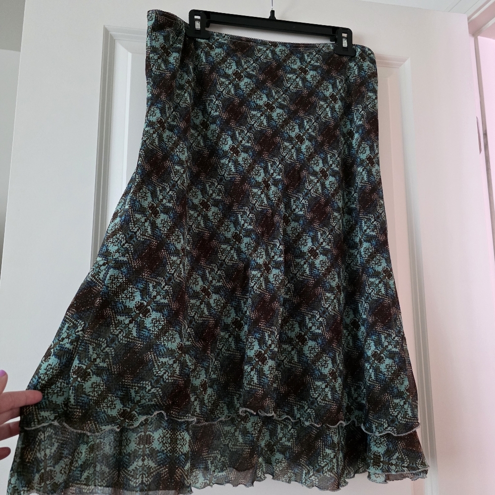 Y2k Tiered Chiffon Midi Skirt Skirtplogy Womens L Snakeprint Brown Green Boho